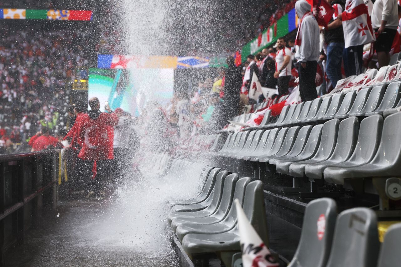 Rain flooded the stands of the stadium in Dortmund before the Euro 2024 match.