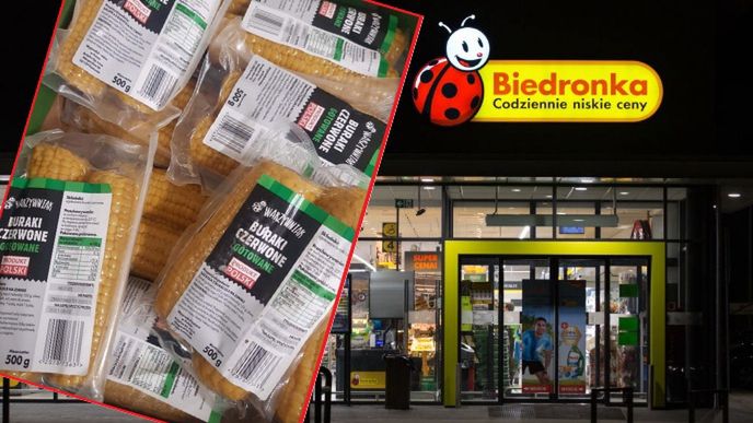 W Biedronce na półkach można było znaleźć kukurydzę opakowaną polskim burakiem