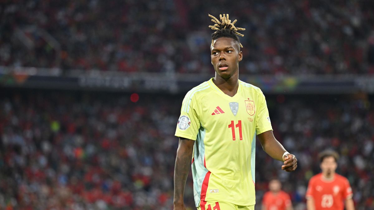 MUNICH, GERMANY - JUNE 08: Nico Williams of Spain looks on during the UEFA Nations League 2025 final match between Portugal and Spain at Munich Football Arena on June 08, 2025 in Munich, Germany. (Photo by Sebastian Widmann - UEFA/UEFA via Getty Images)