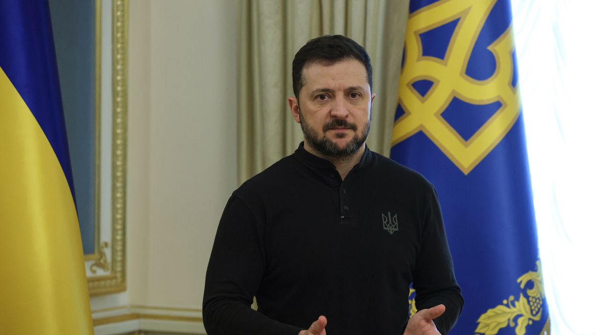 Kijów, Ukraina, 19.02.2025. Prezydent Ukrainy Wołodymyr Zełenski podczas konferencji prasowej w Kijowie, 19 bm. Trwa inwazja Rosji na Ukrainę. (jm) PAP/Viktor Kovalchuk