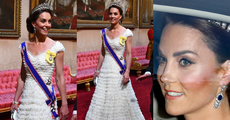 Księżna Kate w sukni Alexandra McQueena i tiarze Diany na bankiecie w Pałacu Buckingham