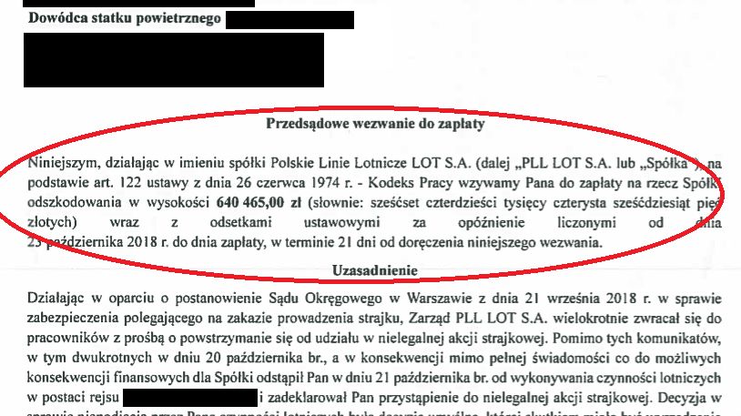 Takie wezwania do zapłaty otrzymało kilku pilotów LOT