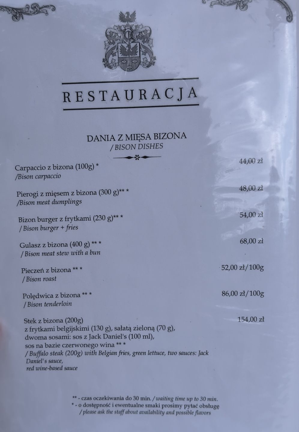 Menu w restauracji w Kurozłękach - wkładka z mięsem bizona