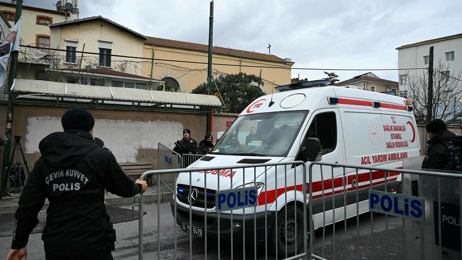 Temporary
An ambulance leaves from Santa Maria church as Turkish anti riot police officers block the street after an attack in Istanbul, on January 28, 2024. Two assailants launched an armed attack on an Italian church in Istanbul during a religious ceremony on January 28, 2024, leaving one person dead, Turkey's interior minister said. (Photo by OZAN KOSE / AFP)
OZAN KOSE