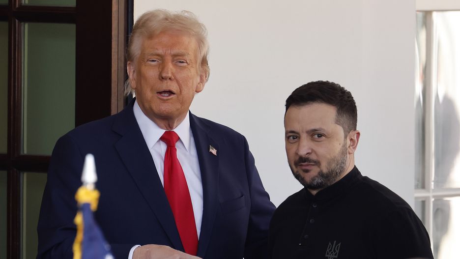 WASHINGTON, DC - FEBRUARY 28: (L-R) U.S. President Donald Trump greets Ukrainian President Volodymyr Zelensky as he arrives at the White House on February 28, 2025 in Washington, DC. Trump and Zelensky are meeting today to sign a preliminary agreement on sharing Ukraine’s mineral resources that Trump says will allow America to recoup aid provided to Kyiv while supporting Ukraine’s economy. (Photo by Chip Somodevilla/Getty Images)