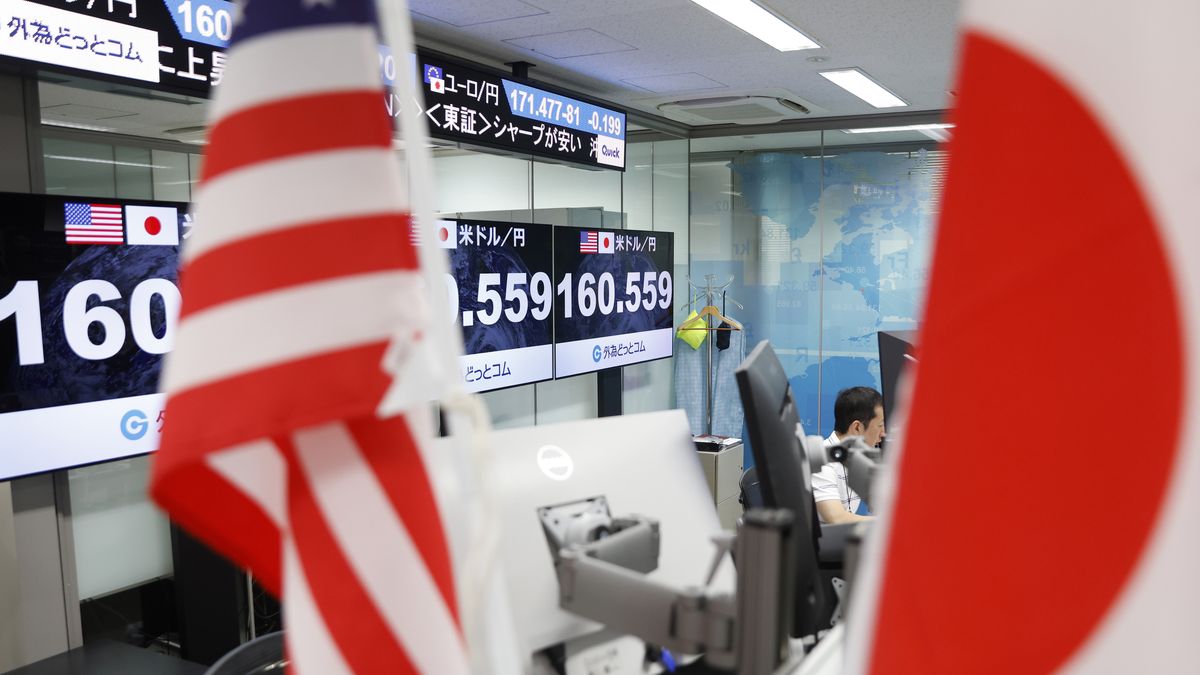 The rate of the yen against the US dollar displayed in the trading room at foreign exchange brokerage Gaitame.Com Co. in Tokyo, Japan, on Thursday, June 27, 2024. The yen fell to the weakest level since 1986, fanning speculation authorities may be soon be forced to support the currency again in a bid to stem the worst selloff in the developed world. Photographer: Kiyoshi Ota/Bloomberg via Getty Images