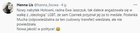 Hanna Lis uważa, że przyjęcie Ewy Jaszczuk do ruchu Polska 2050 było błędem (Twitter, Fot: @hanna_lisowa)