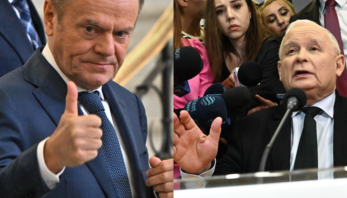 Po lewej Tusk, po prawej Kaczyński po posiedzeniu komisji, na której odpowiadał pytania jako świadek