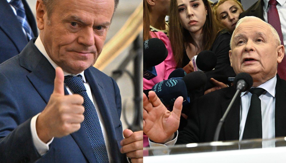 Po lewej Tusk, po prawej Kaczyński po posiedzeniu komisji, na której odpowiadał pytania jako świadek