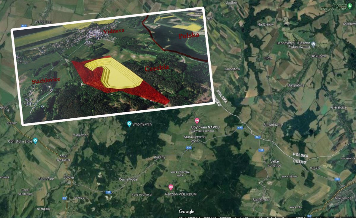 Mieszkańcy przygranicznych wsi protestują przeciwko planowanej kopalni odkrywkowej (Źródło: Facebook/Nie dla kopalni kaolinu w Vidnavie/Google Maps)