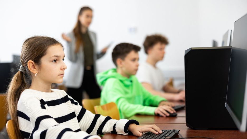 Schoolgirl using PC during computer science lesson
