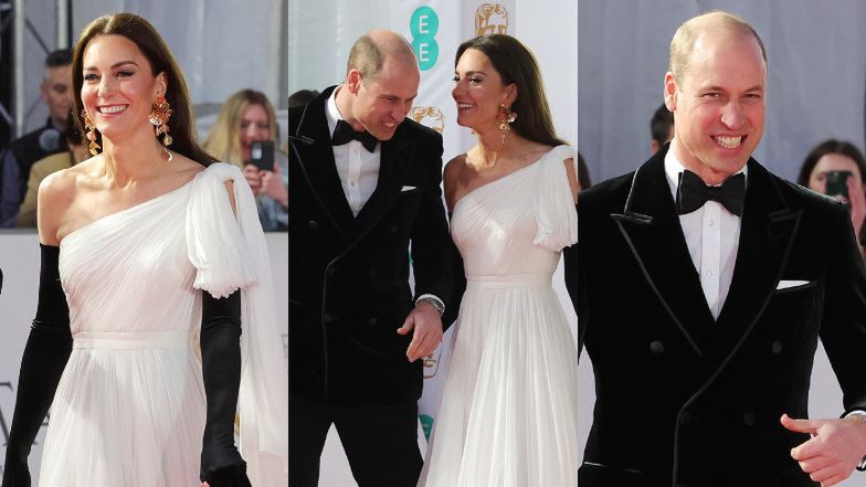 Kate Middleton w białej sukni i czarnych rękawiczkach zachwyca na gali BAFTA  u boku księcia Williama 