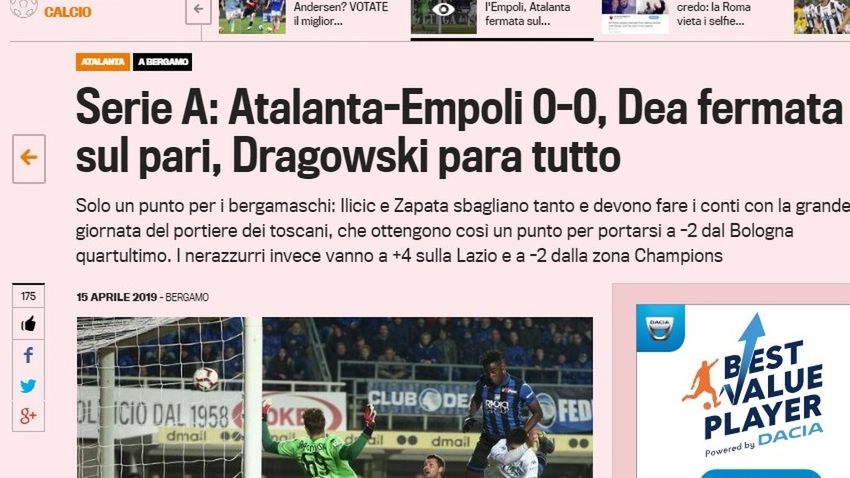 Zdjęcie okładkowe artykułu: Materiały prasowe / La Gazzetta dello Sport / Na zdjęciu: wycinek z gazety La Gazzetta dello Sport