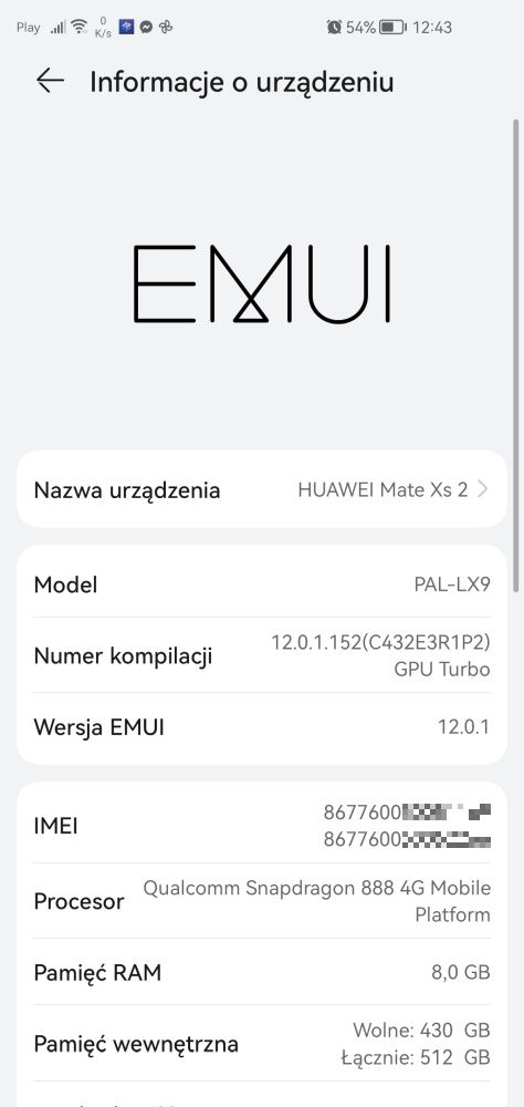 Najbardziej aktualne oprogramowanie Huawei Mate Xs 2 w momencie testowania telefonu