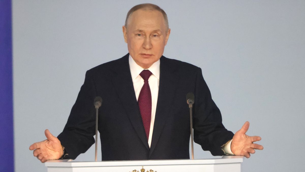 MOSCOW, RUSSIA - FEBRUARY 21: (RUSSIA OUT) Russian President Vladimir Putin speaks during his annual meeting with the Federal Assembly on February 21, 2023, in Moscow, Russia. President Putin addressed his annual speech to the Federal Assembly prior to the first anniversary of Russia's military invasion of Ukraine. (Photo by Contributor/Getty Images)