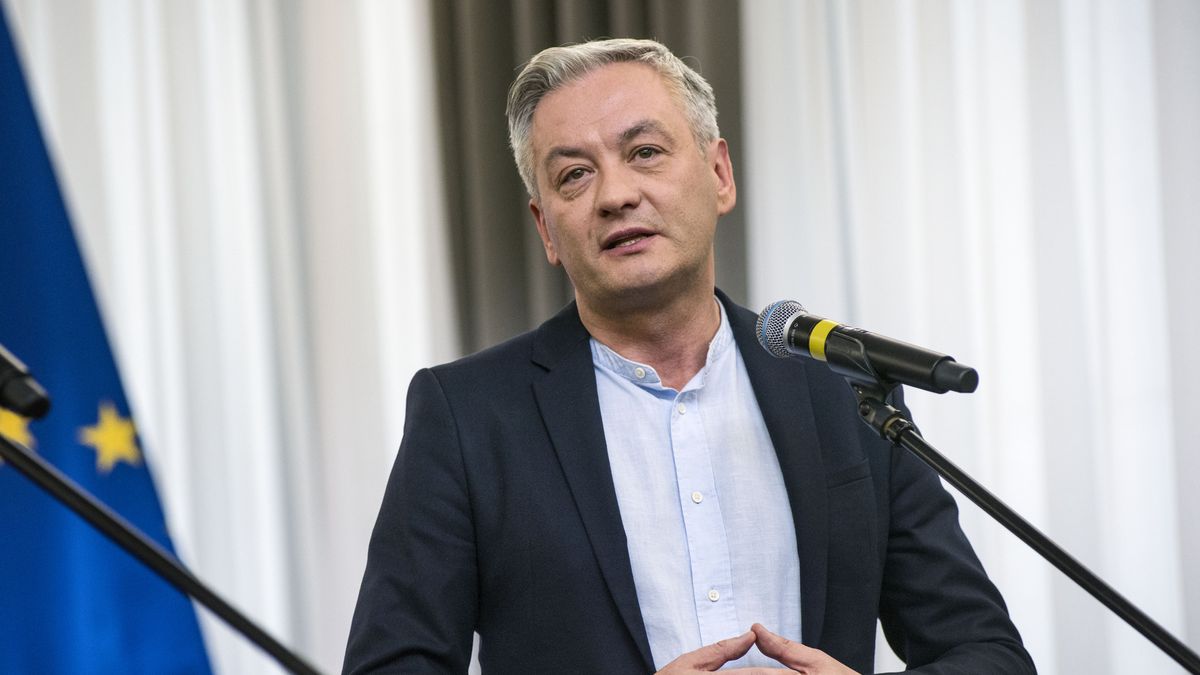 WARSAW, POLAND - 2023/11/10: Robert Biedron, the co-chairman of the New Left, speaks during a press conference in the Parliament. The leaders of Polish opposition parties have signed a coalition agreement that lays out a road map for governing the nation over the next four years. The parties collectively won a majority of votes in last month's parliamentary election. Their candidate to be the next prime minister is Donald Tusk, a former prime minister who leads the largest of the opposition parties, the centrist Civic Platform. Tusk said the parties worked to seal their agreement a day before the Independence Day holiday, adding that, "We wanted to show that we are ready to take responsibility for our homeland." He said the agreement would offer a set of "signposts and recommendations" for the government he plans to lead. (Photo by Attila Husejnow/SOPA Images/LightRocket via Getty Images)