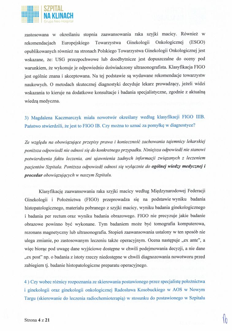 Odpowiedź Szpitala na Klinach na pytania Wirtualnej Polski