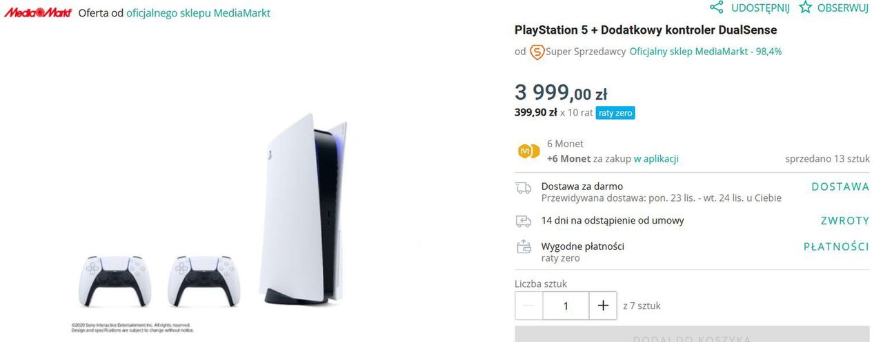 MediaMarkt oferował na Allegro PlayStation 5 za 3999 zł