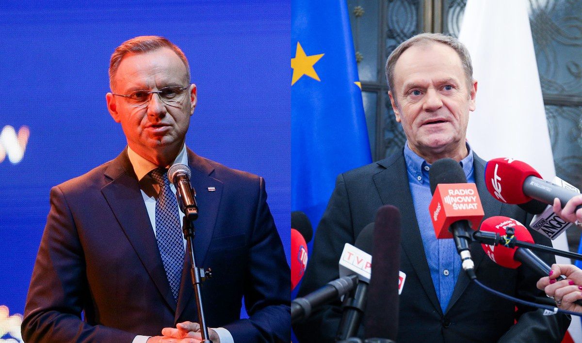 Po lewej prezydent Andrzej Duda, po prawej szef KO Donald Tusk