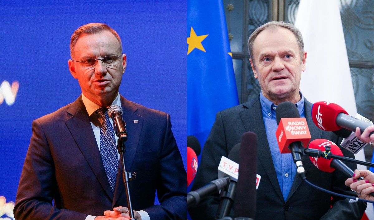 Po lewej prezydent Andrzej Duda, po prawej szef KO Donald Tusk