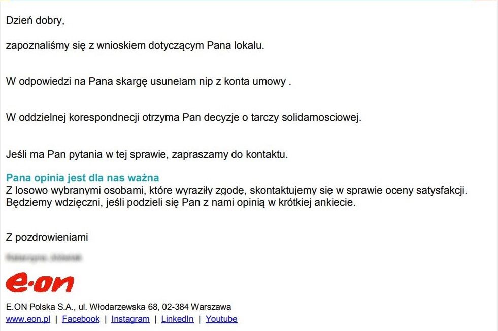 Wiadomość od E.ON przesłana do pana Mariusza