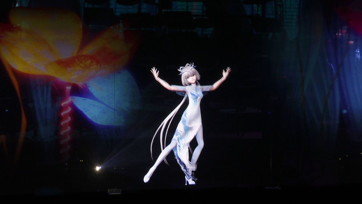 BEIJING, CHINA - JANUARY 06: A hologram projection of virtual singer Luo Tianyi sings a song called 'Time to Shine' during the Meet in Beijing Olympic Culture Festival & the 22nd Meet in Beijing International Arts Festival Opening Ceremony at the Tianqiao Performing Arts Center on January 6, 2022 in Beijing, China. (Photo by Fu Tian/China News Service via Getty Images)