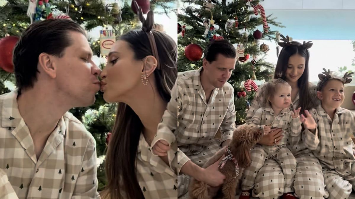 Marina i Wojtek Szczęśni z dziećmi pozdrawiają spod choinki