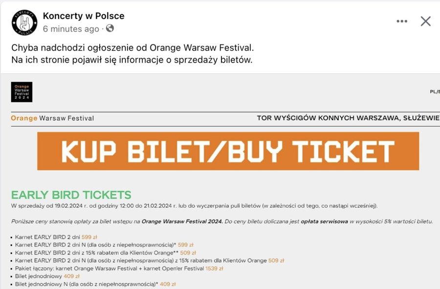 Przeciek dotyczący cen biletów na Orange Warsaw Festival