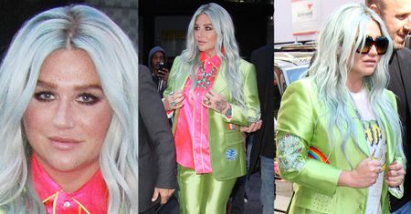 Kesha w błyszczącym, limonkowym garniturze