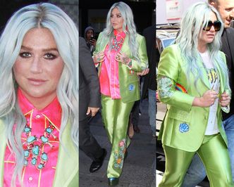 Kesha w błyszczącym, limonkowym garniturze