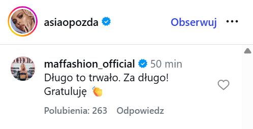 Komentarz Maffashion pod postem Joanny Opozdy