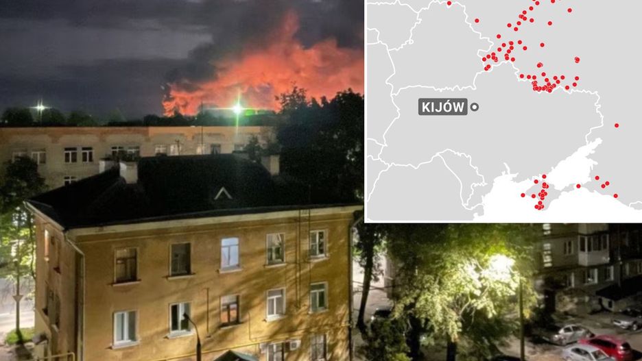 Ataki dronów w Rosji oraz na okupowanym Krymie. Na większym zdjęciu łuna pożaru na lotnisku wojskowym w Pskowie
