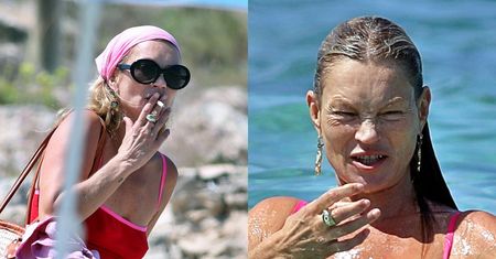 Naturalna Kate Moss puszcza dymka na plaży i stroi miny, pluskając się w Morzu Śródziemnym (ZDJĘCIA)