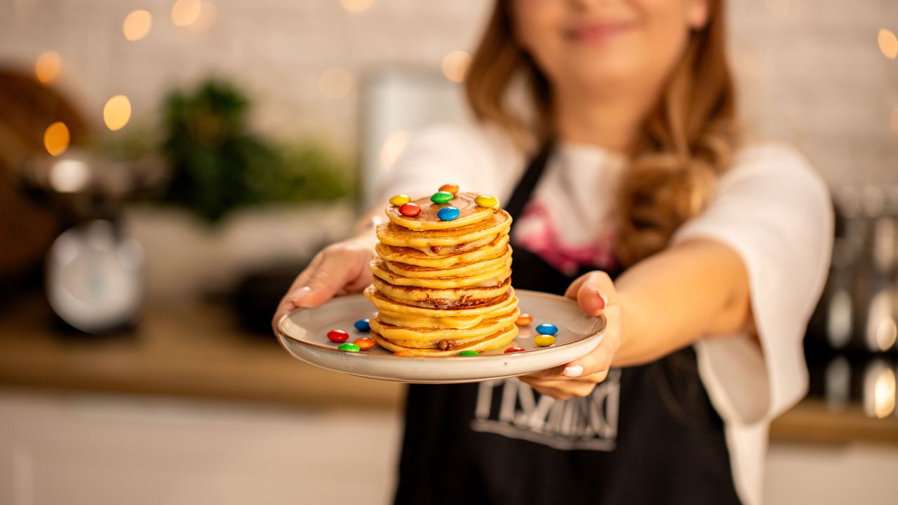 Delicious pancakes with molten chocolate will delight children and adults.