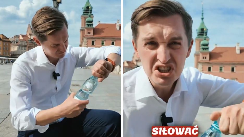 Sebastian Kaleta siłujący się z plastikową butelką w spocie wyborczym