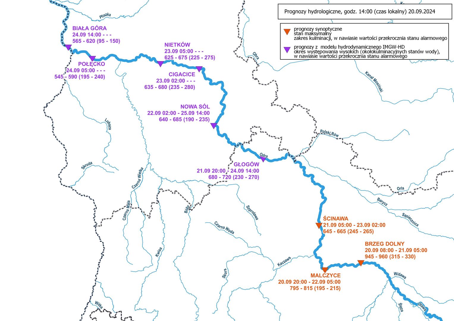 Prognoza hydrologiczna wezbrania na Odrze 20.09.2024.  