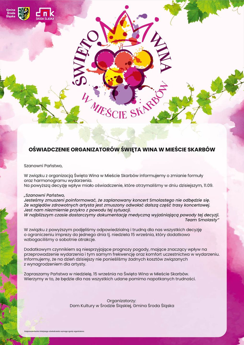 Oświadczenie o odwołaniu koncertu Smolastego.