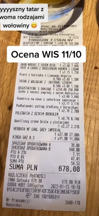 Paragon z zakopiańskiej restauracji 