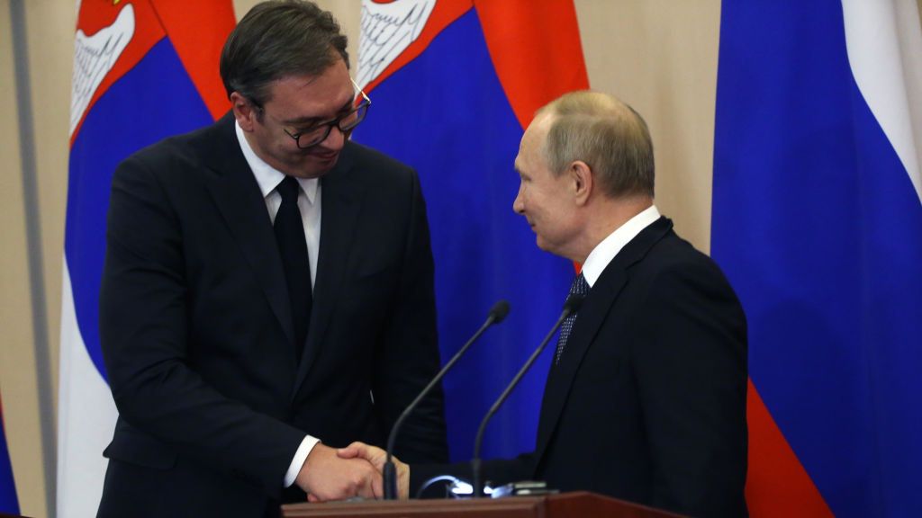 Russian President Vladimir Putin receives Serbian President Aleksandar Vucic in SochiSOCHI, RUSSIA - DECEMBER 4 (RUSSIA OUT)  Russian President Vladimir Putin (R) greets his Serbian counterpart Aleksandar Vucic (L) during their press conference on December 04, 2019 in Sochi, Russia. Serbian President Vucic is having a one-day trip to Sochi. Russian President Putin is holding a set of meetings on military development this week, prior to Normandy Format talks with Ukrainian President Volodimyr Zelensky, French President Emmanuel Macron and German Chancellor Angela Merkerl in Paris, planned on December, 9. (Photo by Mikhail Svetlov/Getty Images)Mikhail Svetlov