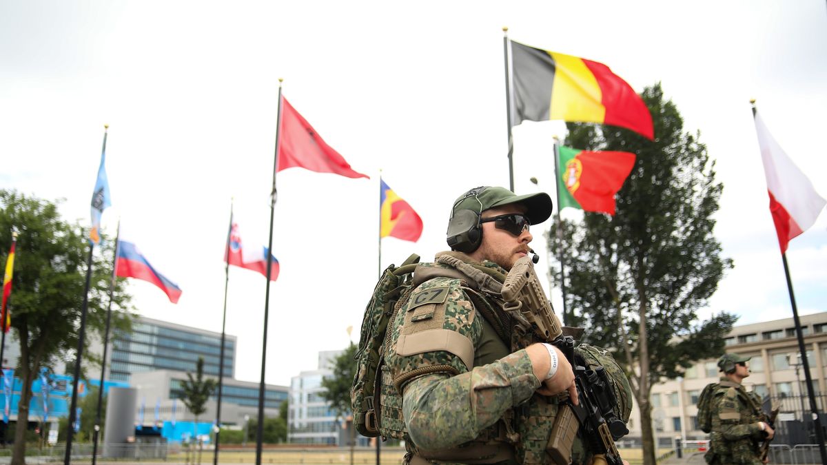 Soldiers participate in the NATO Summit at the World Forum in The Hague, The Netherlands, on June 23, 2025. The North Atlantic Treaty Organization (NATO) is an international political and military organization established by the signed North Atlantic Treaty. Its members commit to protecting each other from any threat. The NATO Summit takes place this year in The Hague, where the NATO Public Forum and the NATO Summit Defense Industry Forum are held. (Photo by Klaudia Radecka/NurPhoto via Getty Images)