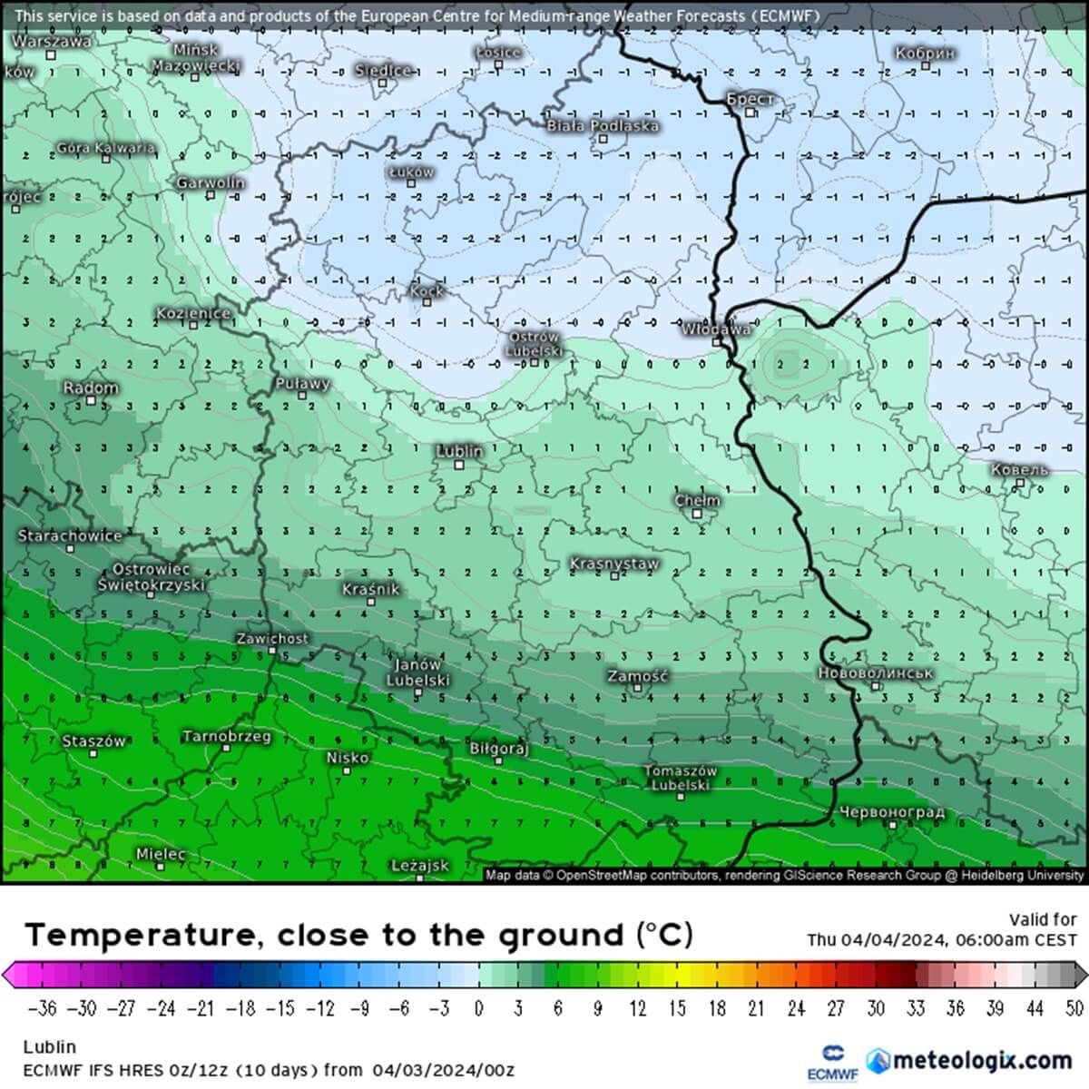 Prognoza temperatury przy gruncie w nocy z 3 na 4 kwietnia 2024