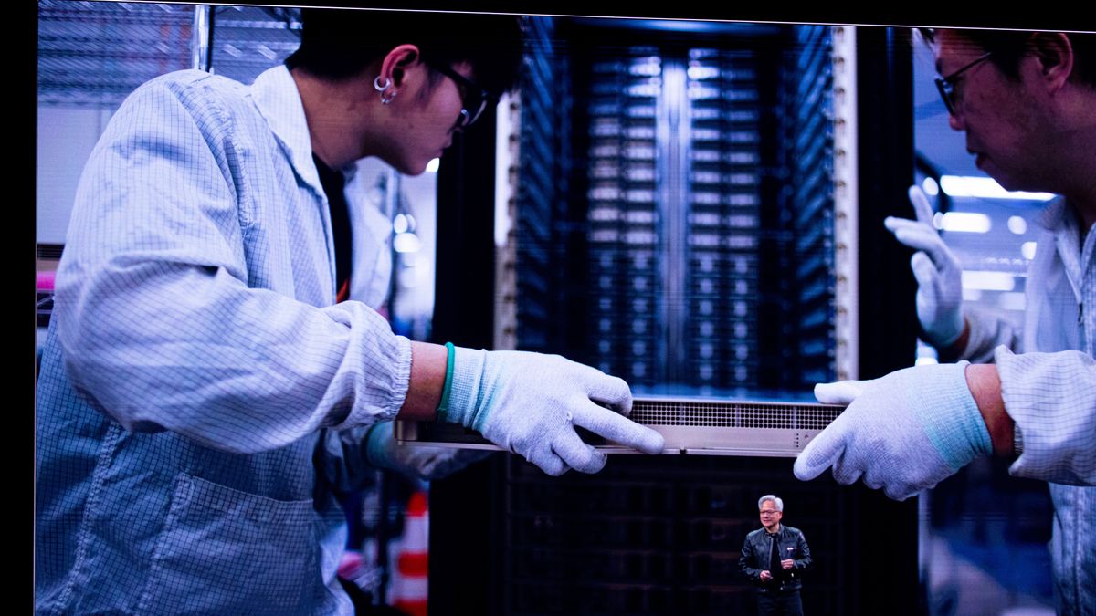 Jensen Huang, co-founder and chief executive officer of Nvidia Corp., during the Computex conference in Taipei, Taiwan, on Monday, May 19, 2025. Nvidia unveiled the latest raft of technologies aimed at sustaining the boom in demand for AI computing  and ensuring that its products stay at the center of the action. Photographer: Annabelle Chih/Bloomberg via Getty Images
