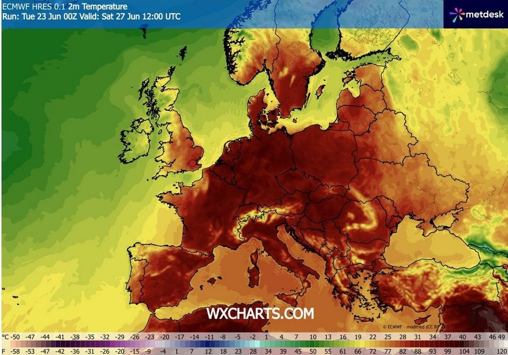 Prognozowany rozkład temperatur w Europie w sobotę 27 czerwca - zrzut ekranu z serwisu Wxcharts.com, który bazuje na danych firmy meteorologicznej MetDesk