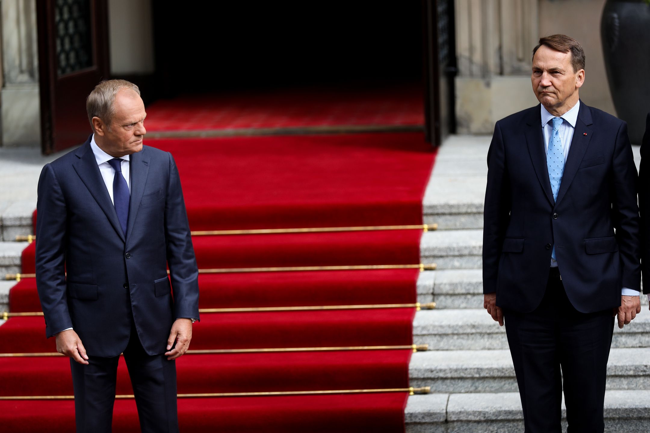 Prime Minister Donald Tusk and Minister of Foreign Affairs of Poland, Radoslaw Sikorski, meet with Prime Minister of the Republic of India Narendra Modi at the Chancellery of the Prime Minister in Warsaw, Poland, on August 22, 2024. Prime Minister of the Republic of India Narendra Modi visits Poland, marking the first official visit by an Indian Prime Minister in over 40 years. The re-elected Prime Minister from the Indian People's Party lays wreaths at several locations in Warsaw and then meets with Prime Minister Donald Tusk and President Andrzej Duda. (Photo by Klaudia Radecka/NurPhoto via Getty Images)