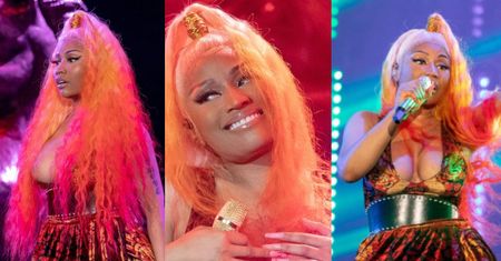 Nicki Minaj walczy z niesforną piersią wymykającą się ukradkiem z przykusej kreacji