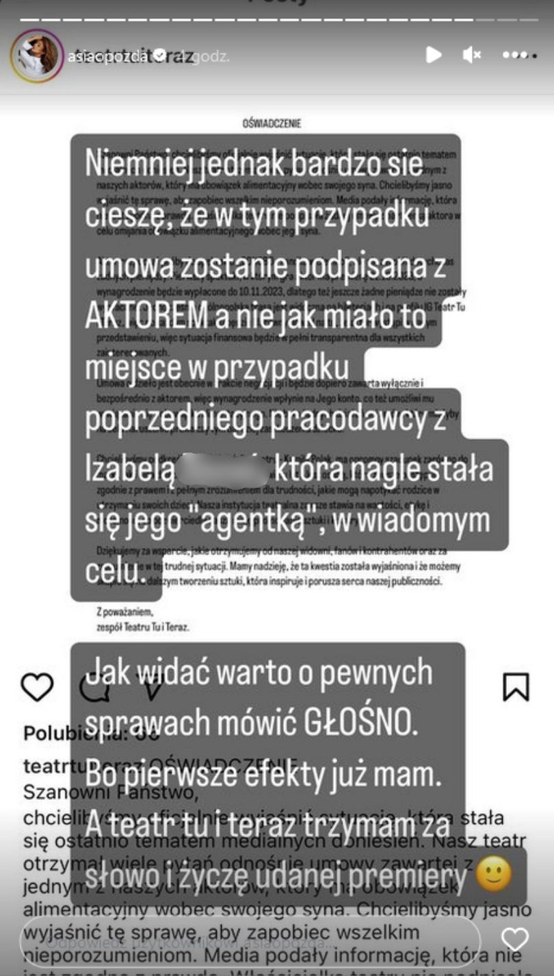 Joanna Opozda reaguje na oświadczenie teatru "Tu i teraz"