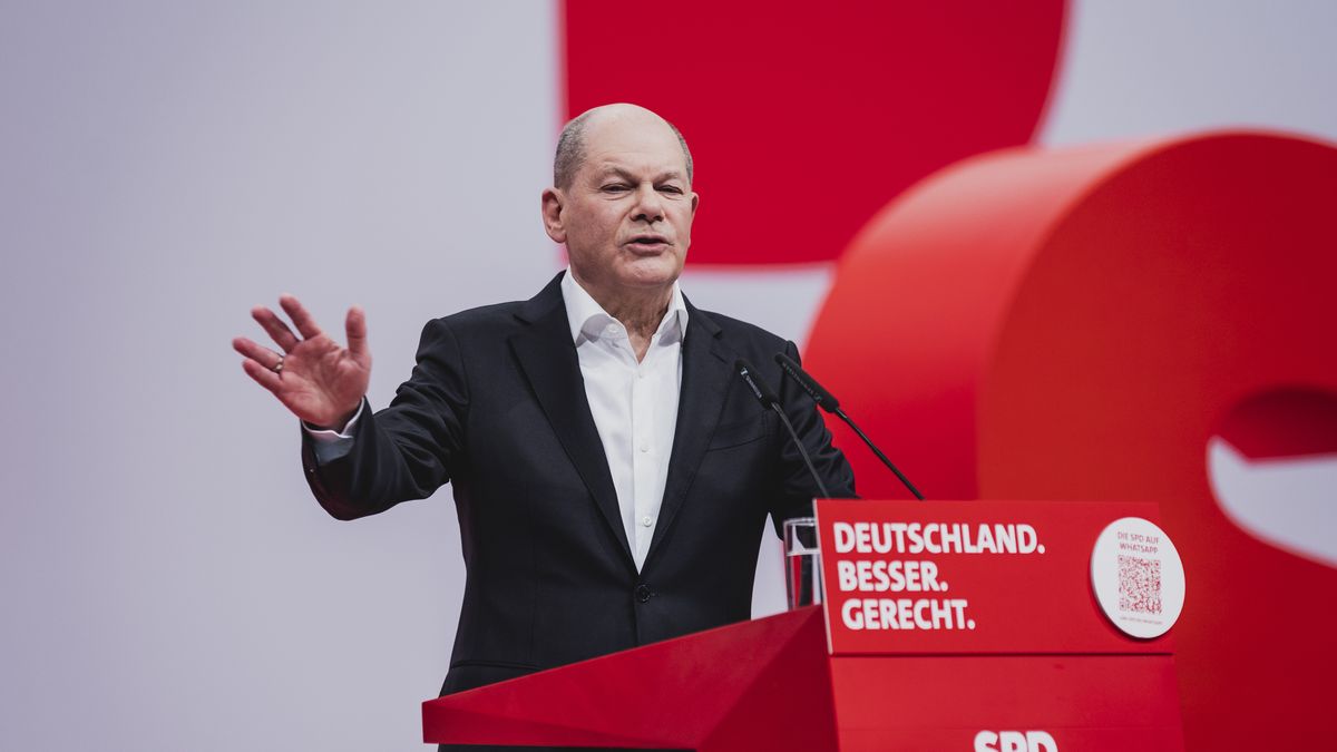 BERLIN, GERMANY - DECEMBER 09: Federal Chancellor Olaf Scholz (SPD) is pictured during the SPD party convention on December 09, 2023 in Berlin, Germany. The delegates discuss about location and industrial policy, future investments and educational policy. (Photo by Florian Gaertner/Photothek via Getty Images)