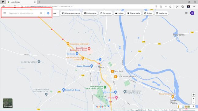 Google Maps: współrzędne wpisujemy w oknie wyszukiwania