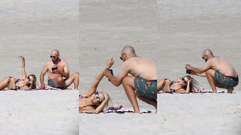 Agnieszka Kaczorowska z rodziną na plaży