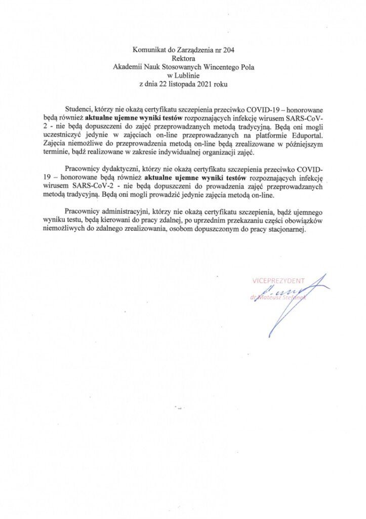 Komunikat to zarządzenia nr 204 rektora Akademii Nauk Stosowanych Wincentego Pola w Lublinie